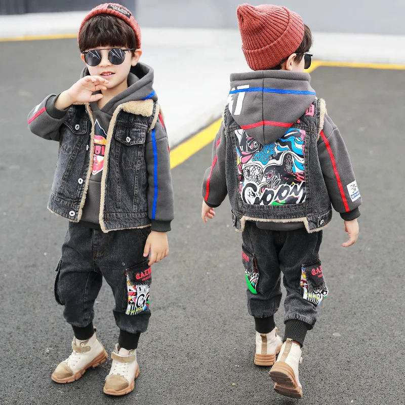 

Kids Boy Clothes Cartoon Warm Suit for The Boy Aged 3-13 Years Old Girls boys Winter Velvet Thicken Clothing Set 3 Pieces