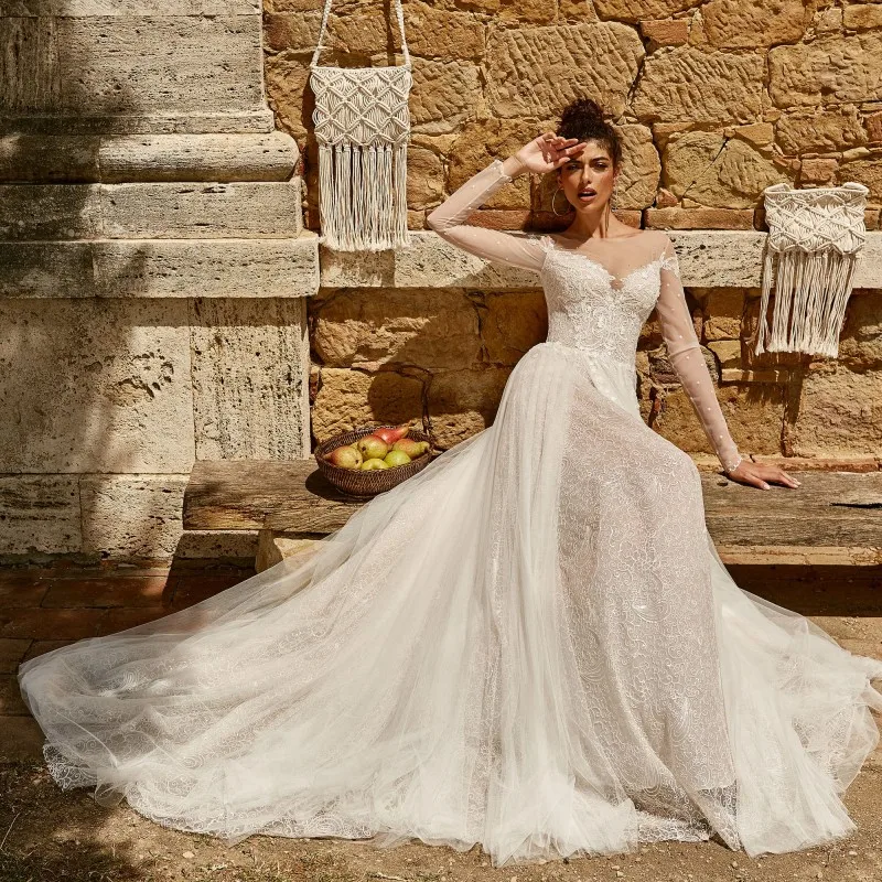 

Thinyfull Elegant Sheer Scoop Neck Wedding Dresses A Line Long Sleeve Bride Dresses Tulle Button Lace Appliques Bridal Gown 2020