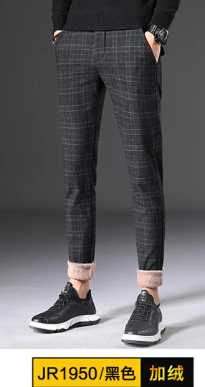 Fleece 1 Fleece Thick Pants Men Autumn Winter Casual Plaid Trousers Sild Wild Tide Straight Elastic Waist Full Length Pants Male - Цвет: Fleece 1