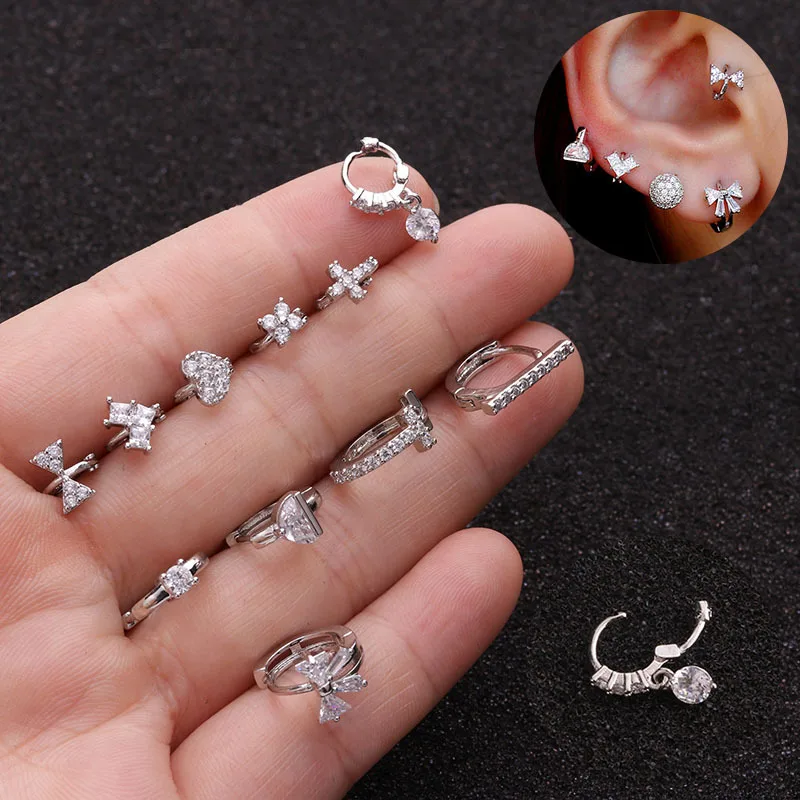 

Micro-inlaid zircon ear buckle cartilage piercing earrings CZ Bowknot Hear Hoop Earring Daith Tragus Helix Lobe Piercing Jewelry