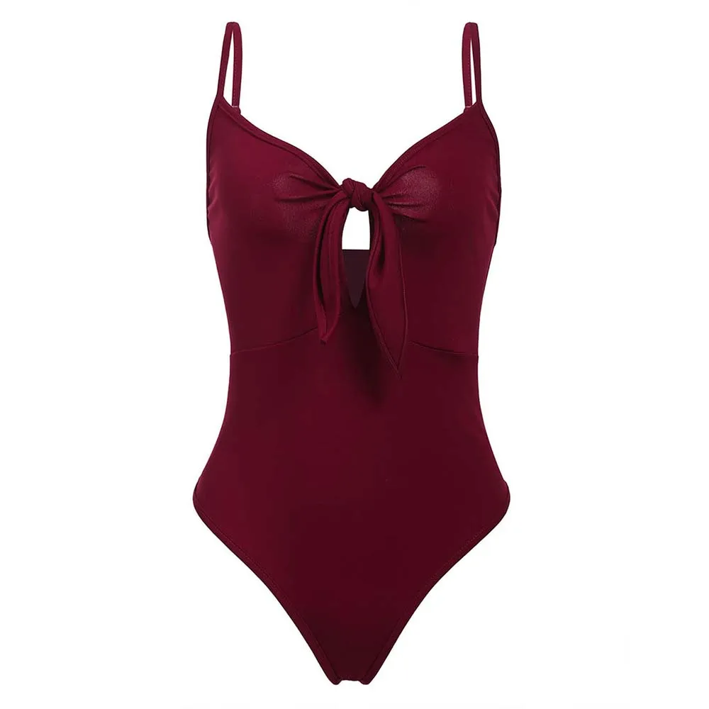 

2020 Swimwear Women Bodysuit Sexy Strapless Backless Hollow Burgundy Jumpsuit Short Thin Bow Playsuit Western Romper Base Vest