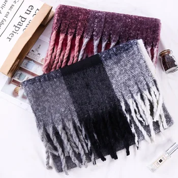 

Fall and Winter 2019 Thickening and Warming Gradual Chequered Cashmere-like Woman Scarf,Long-style lady's scarf with tassels