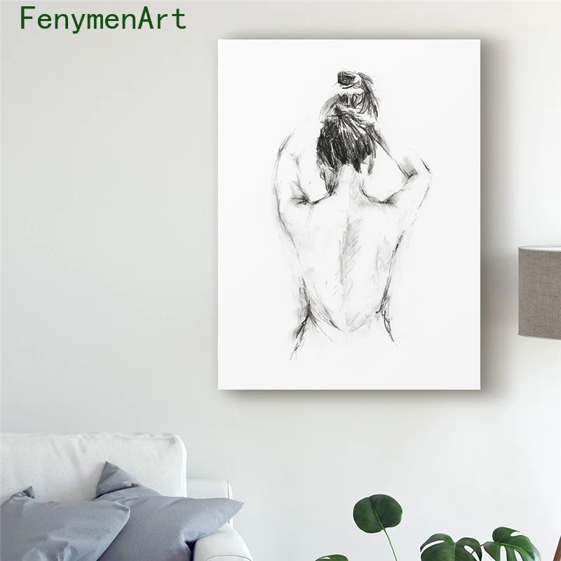 Minimalist Line Drawing Woman Poster Abstract Nude Bathing Woman Canvas Painting Modern Wall Art Picture Bathroom Home Decor
