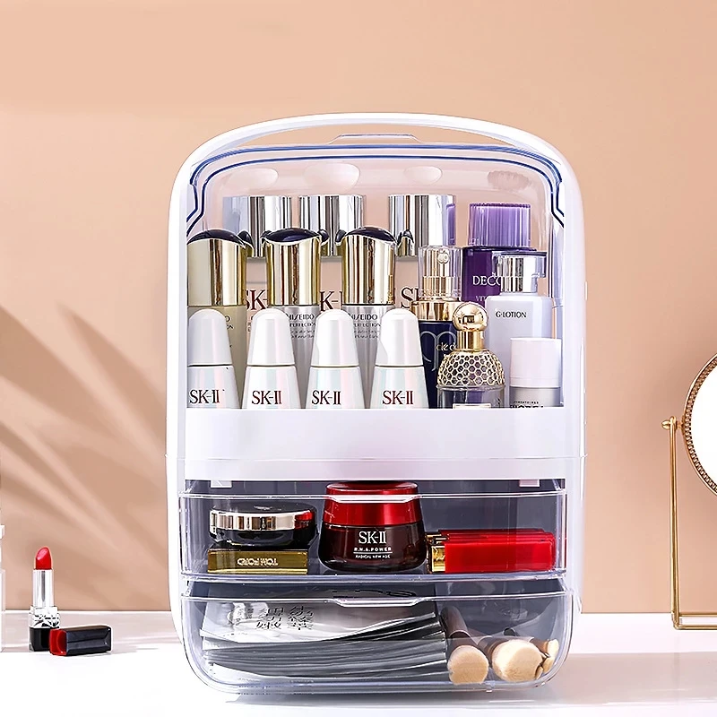 De moda nuevo organizador de maquillaje de gran capacidad impermeable y a prueba de polvo baño cosmética caja de almacenamiento de escritorio belleza cajón de almacenamiento