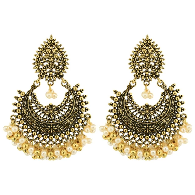 Bollywood Ethnic Bridal Bride Kundan Earrings Peacock Pearls Jhumka Jhumki Indian Bahubali Drop Earrings Fashion Jewelry A