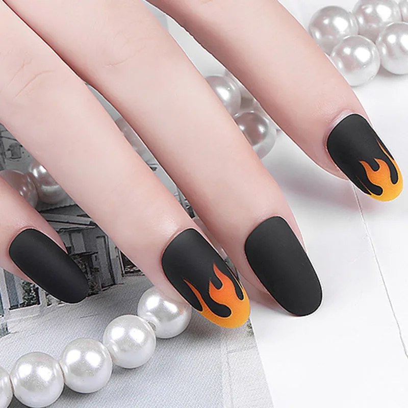 ABVP 24Pcs False Nails Black Long Coffin Flame Fake Nails Full Cover Party Acrylic Nails Art for Women and Girls