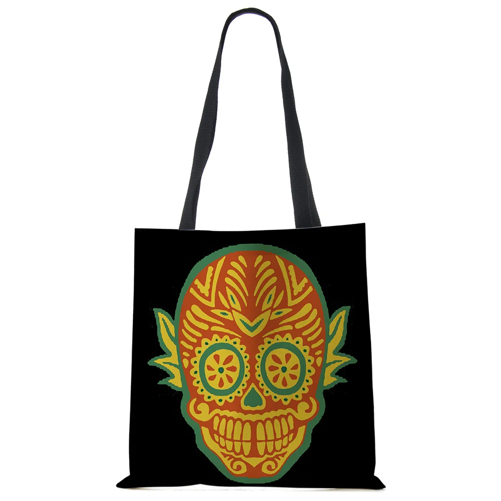 Floral Skull Print Linen Tote Bag Reusable Shoulder Bags Folding Women Casual Handbags Lady Fabric Totes