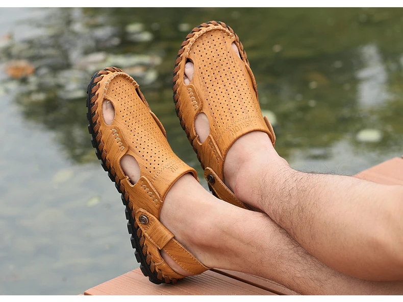 Мужские пляжные сандалии; мужские модные кожаные сандалии; Мужская Уличная Повседневная обувь; дышащая обувь в рыбацком стиле; прогулочные Тапочки