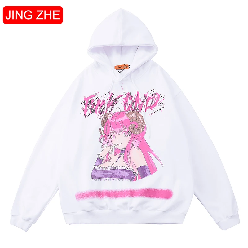 

JING ZHE Men's High Street Hoodies Lovers Oversize Hooded Pullover Japanese Comics Print Sweatshirt Fashion Autumn Cotton Jumper