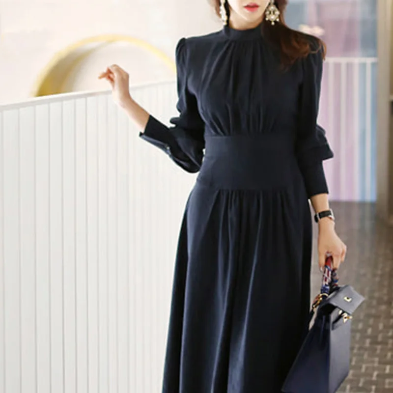 

Office Ladies mandarin Collar Lantern Sleeve Women Dress Elegant Slim Waist A-line Ruched Female Long Dress Party Vestidos femme