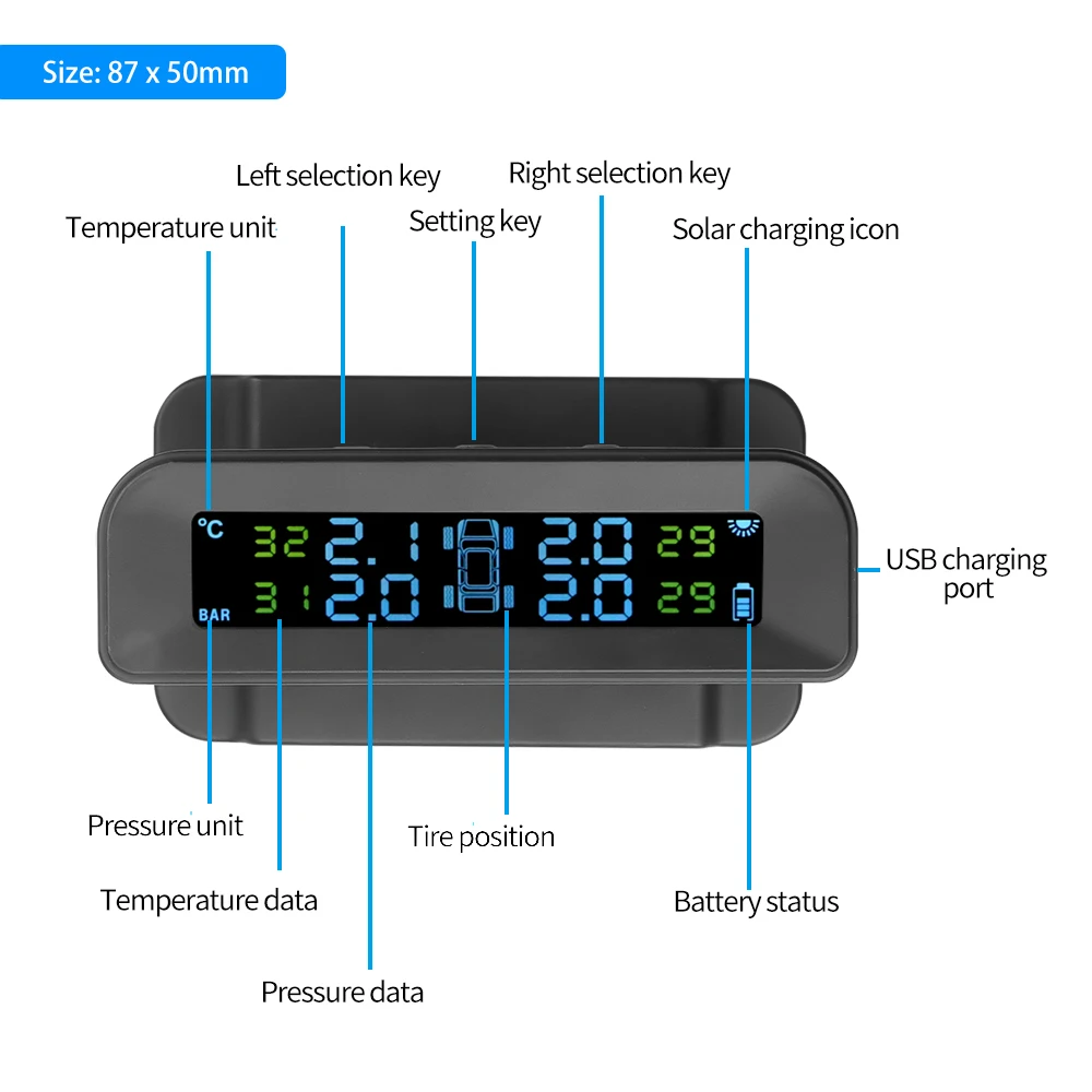 Солнечная мощность TPMS автомобильная система контроля давления в шинах дисплей в режиме реального времени Сигнализация Беспроводные внешние датчики на лобовом стекле или приборной панели