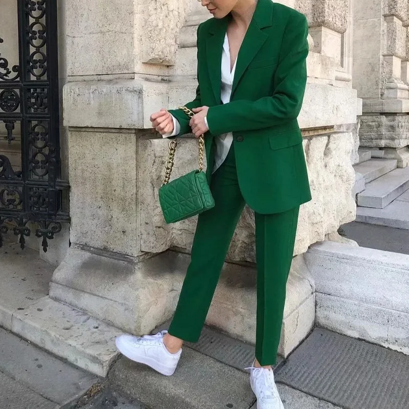 Women's Sets Blazers Office Elegant Ladies Workwear Outfit Female Pocket Jacket Green Coat Two Piece Suit Button Loose Blazer 2