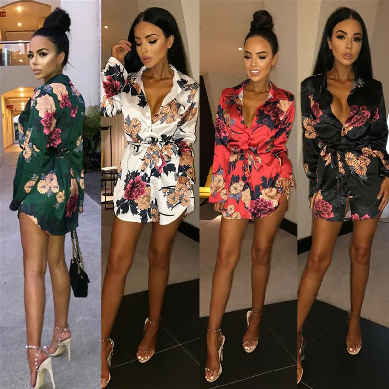 

Women Floral Satin Silk Long Sleeve Ladies T Shirt Tops Loose Short Mini Dress Summer Beach Dress