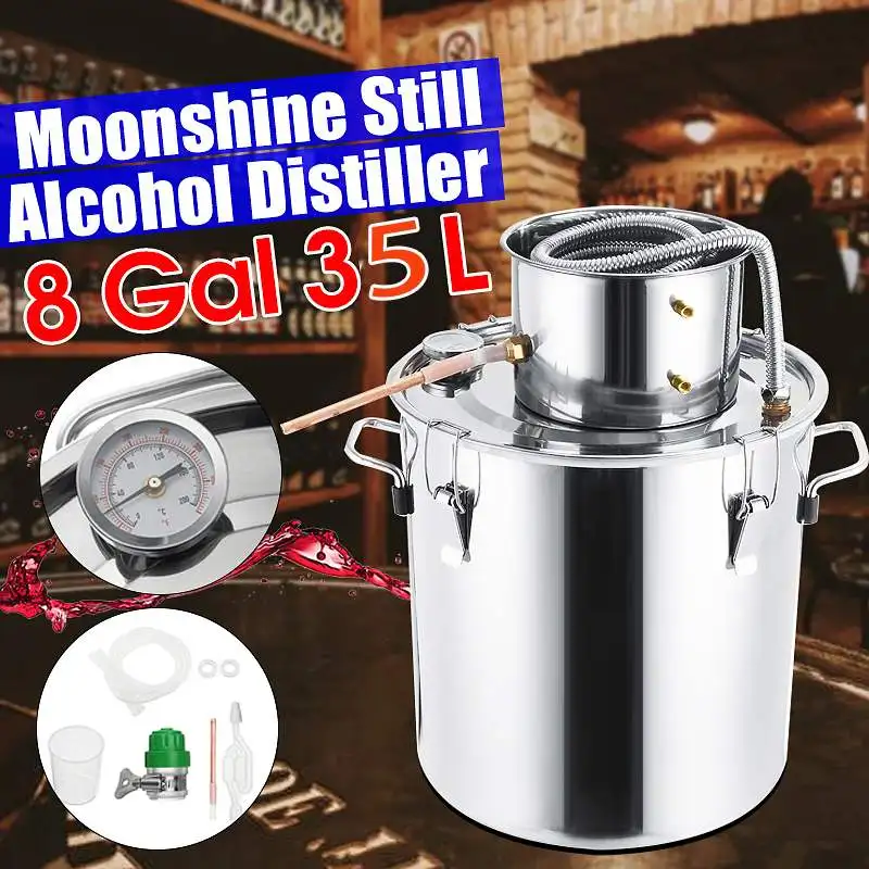 

New 35L Stainless Steel Distiller Household Moonshine Boiler Cooler Ethanol Alcohol Water Wine Essential Oil DIY Brewing Kit
