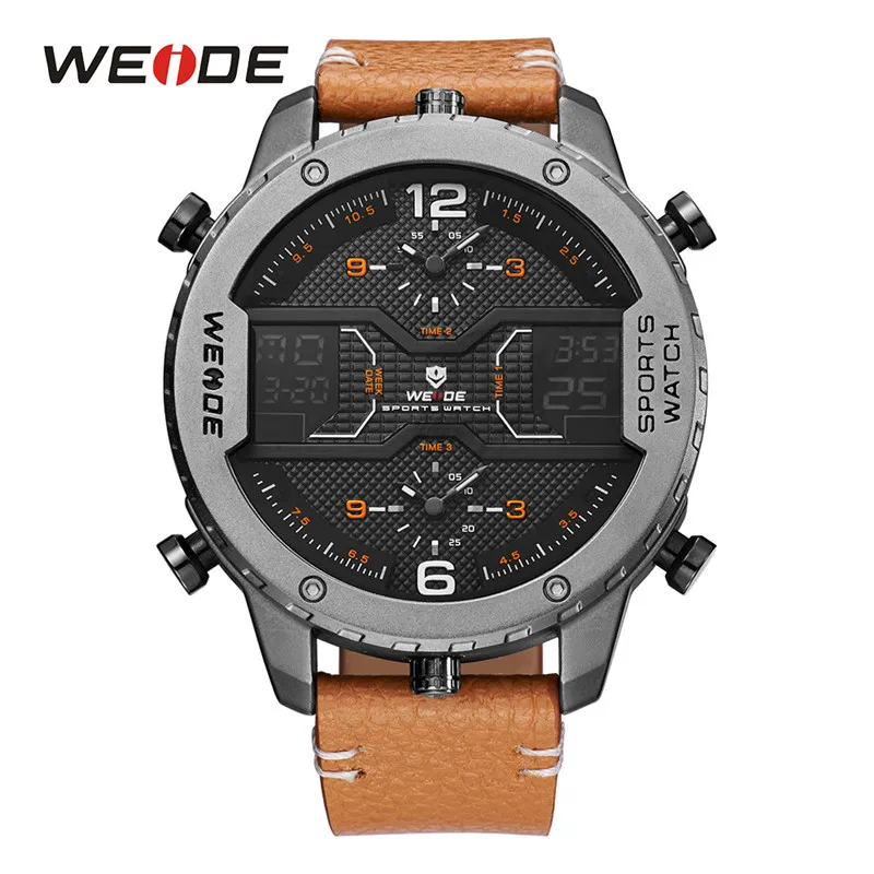 Brown leather WEIDE хронограф кварцевые Мужской роскошный бренд часов кожаный ремешок Военные Наручные часы мужские часы время Relogio Masculino WH6401 - Цвет: Brown leather
