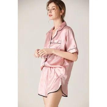 

Girls Home Wear Lapel Short Nightwear Sets Womens Simulation Button Short Sleeve Pocket Sleepwear Ap4
