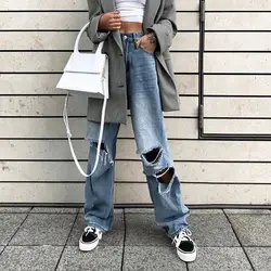 HENGFURUI 2019 Европа и США уличная стрельба взрывы женские осенние горячие новые с дырками и высокой талией широкие джинсы