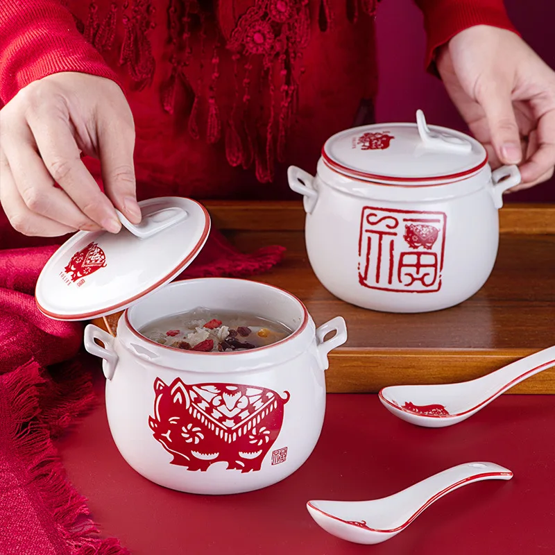 

Ceramic Slow Cooker Tureen with Lid Tonic Soup Bowl Stew Pot Ginseng Cubilose Pot Bowl Waterproof Stew Hotel Chinese Style Slow