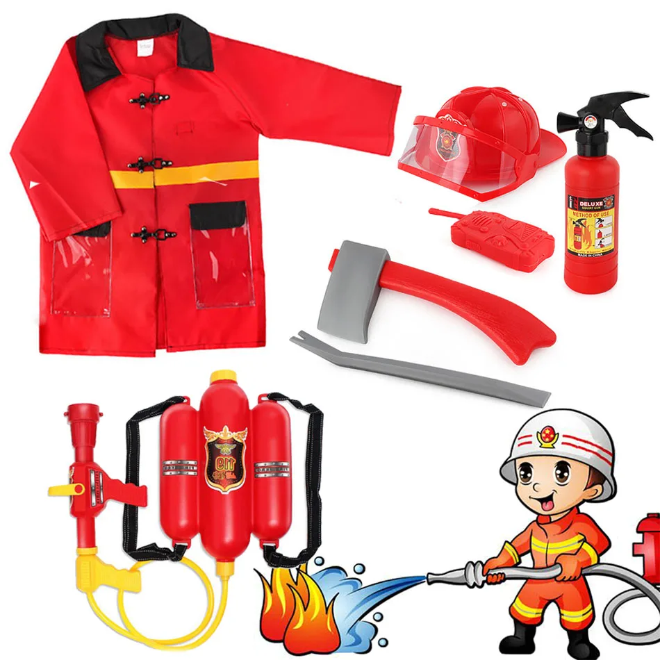Children Firefighter Fireman Cosplay Toy Fire Chief Role Play Pretend Firemen Caps Clothes Extinguishers Water Gun Nozzle Toys | Игрушки и