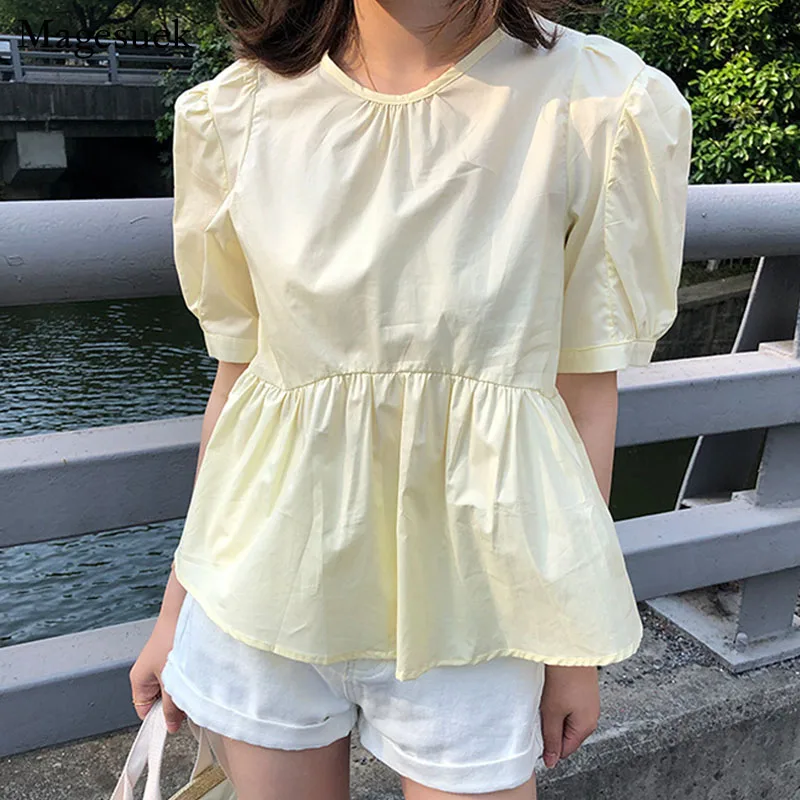 

2021 летняя винтажная женская рубашка с пышными короткими рукавами, повседневные облегающие Женские блузки, хлопковые Белые Рубашки, Топы, женские блузы, 14375