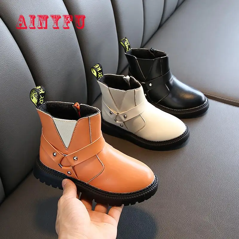 Ainyfu Leather Martin Boys Boots Children Boots Autumn Winter New Comfortable Girls Boots Fashion Kids Non-slip Shoes B371