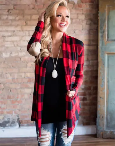 

Women's Autumn Buffalo Red Plaid Cardigans Long Sleeve Elbow Patch Draped Open Front Shirt Blouse