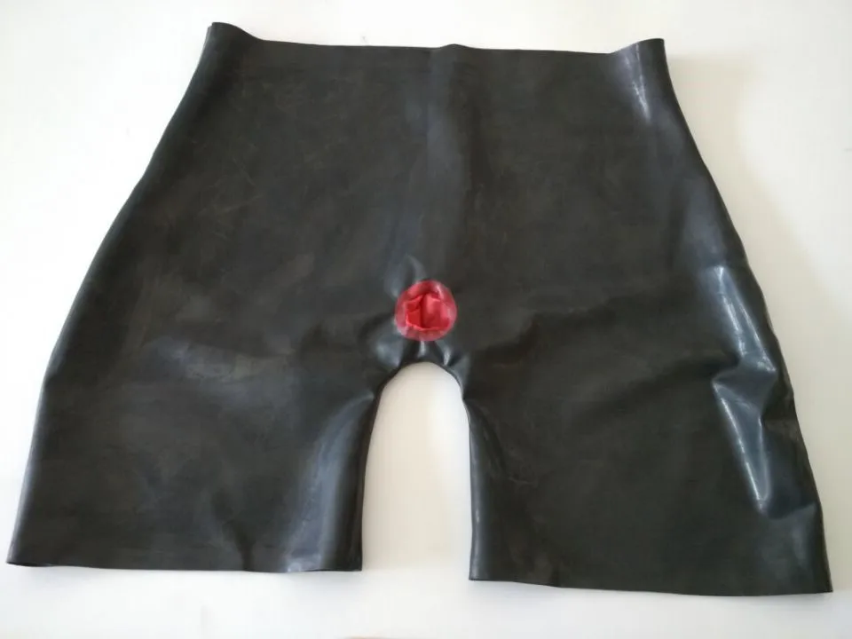 

Handmade Men Latex Rubber Fetish Shorts Underwear with an Attached Anal Sheath Front Zipper New sexy plus big Men