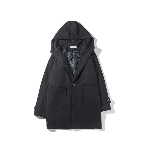 Liketkit, мужской зимний шерстяной Тренч,, мужской, однотонный, Повседневный, хлопок, с капюшоном, шерсть, Мужской приталенный, с одной пуговицей, пальто, высокое качество - Цвет: Черный