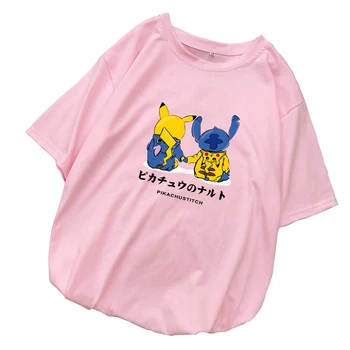 

Summer Kawaii Pikachu Lilo & Stitch T Shirt Women New Short Sleeve Harajuku Loose Cartoon Printed Tee Shirt Femme Korean Clothes