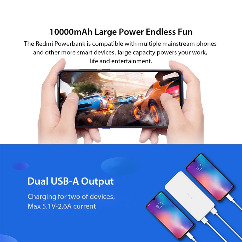 Оригинальный xiaomi redmi power bank 10000mAh быстрая зарядка мобильный USB mini Mi powerbank