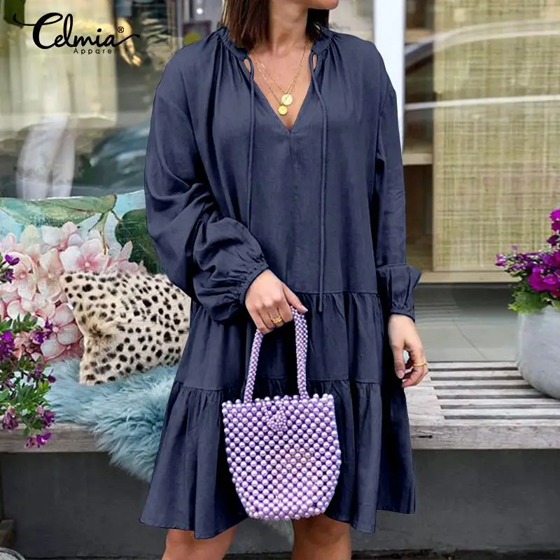

Women Vintage Denim Mini Dress Celmia 2019 Autumn Long Sleeve Shirt Sundress V Neck Pleated Casual Loose Vestidos Plus Size 5XL