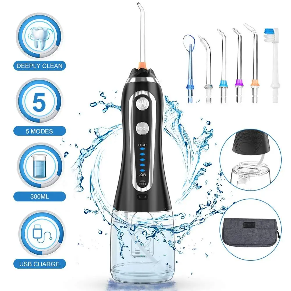 Billige Tragbare Oral Irrigator 300ml Dental Wasser Flosser Jet 5 Modi Wasser Floss USB Aufladbare Irrigator Dental Zähne Reiniger + tasche