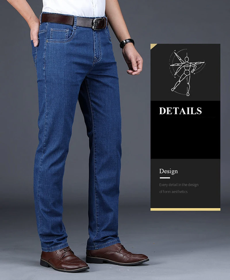 Весна Лето Модные Классические мужские джинсы прямой крой эластичная одежда большого размера повседневные умные джинсы джинсовые брюки простые деловые джинсы мужские