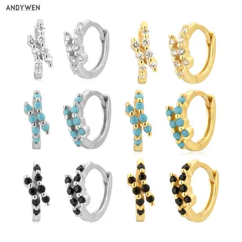 

ANDYWEN 925 Sterling Silver Clear Small Huggies Hoops Piercing Loops Ohrringe Pendiente Crystal CZ Circle Round Cross Love Jewel