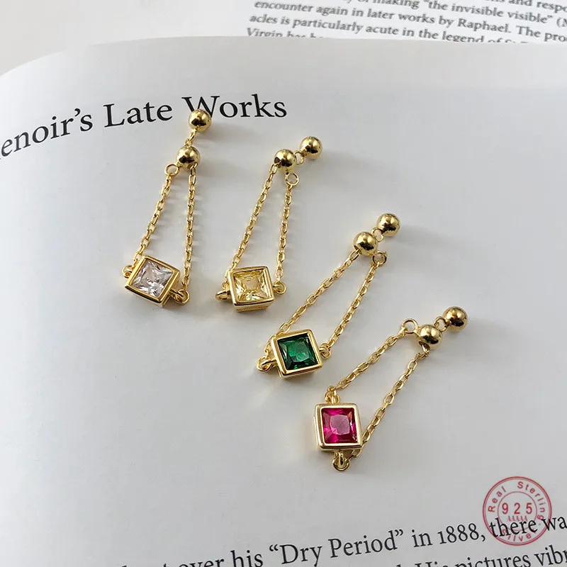 

100% 925 Sterling Silver Exquisite Square White Yellow Green Red Zircon Chain Adjustable Ring Female Fine Jewelry