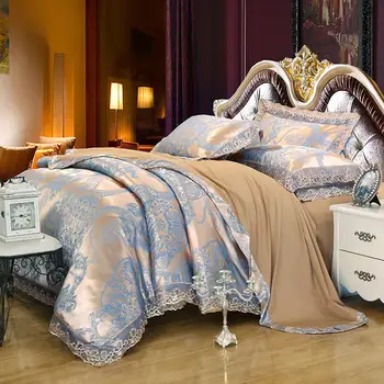 

Jacquard Satin Duvet Cover Bed Sheet Pillowcases Set King Queen Size Lace Embroidered Bedclothes Bedding Set Home Textile