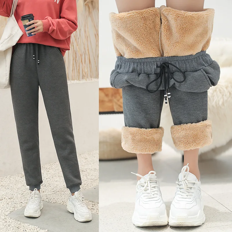 Утолщенные женские длинные штаны новые зимние плюс бархатные толстые верхняя одежда корейская овечья шерсть хлопковые брюки женские шаровары с капюшоном Брюки