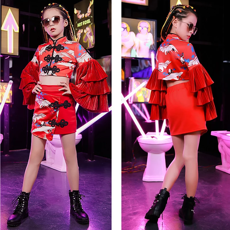 Костюмы для джазовых танцев для девочек; одежда для уличных танцев в китайском стиле; Детский комплект в стиле хип-хоп; детская одежда для подиума и сцены; комплект из 2 предметов; DL4785