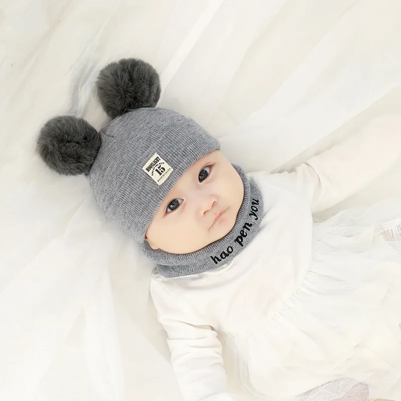 gray-1 Baby Hat Autumn Winter Male Female Baby Wool Knit Hat Children Warm Scarf Cute Collar Cap Winter Cap - Цвет: gray-1
