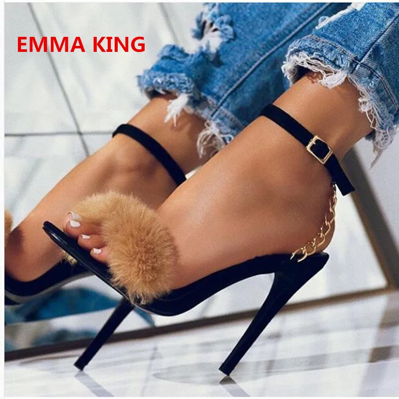 

Summer Hot Female Fur Chain Design High Heels Sandals Open Pointed Toe Stilettos Sexy Women Sandals Ankle Buckle Shoes Woman