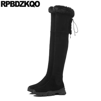 

sexy winter plush black furry over the knee elevator suede slim thigh women boots real fur shoes stretch designer fluffy tall