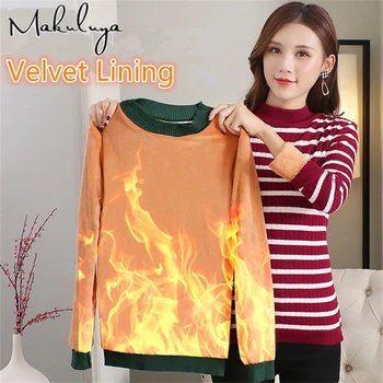 

Thicker Warm Velvet Lining Women's Casual Turtleneck Stretchy Elasticity Vertical Stripe Knitted Long Sleeve Pullover Sweaters Tops Shirt L6