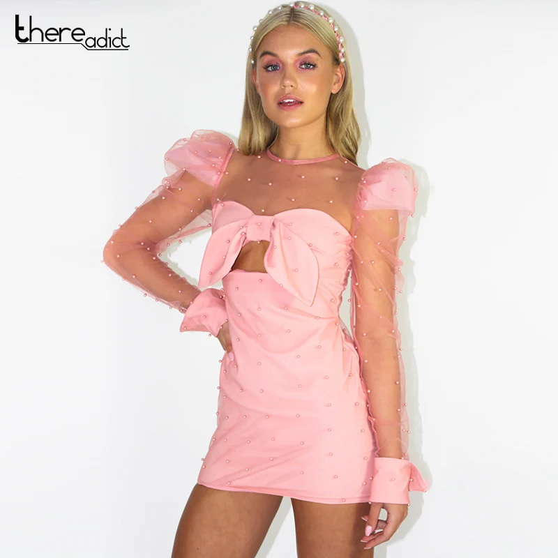 Женское Прозрачное мини-платье с вырезами розовое платье жемчужинами вечерние