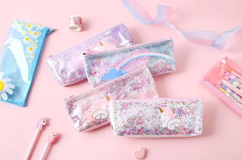 1 шт. Kawaii Радуга Единорог цветы Пенал Блестящие Блестки ПУ пенал школьные пеналы коробка сумка подарок канцелярские принадлежности