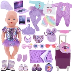 Vêtements de poupée, chaussures, valise, Flamingo mignon, sac de couchage violet, pyjama adapté à poupée américaine de 18 pouces, poupée de bébé de 43cm 