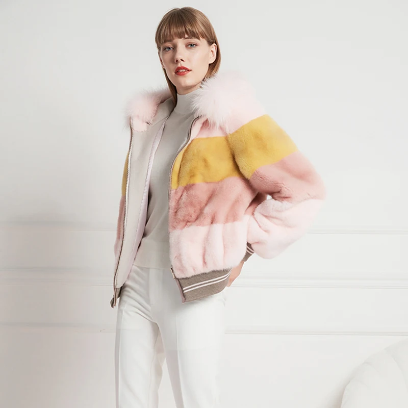 Ftangaiur Winter Import Velvet Mink Coat With Fur Hood Contrast Color Natural Fur Coat Women's Short Real Mink Fur Coats