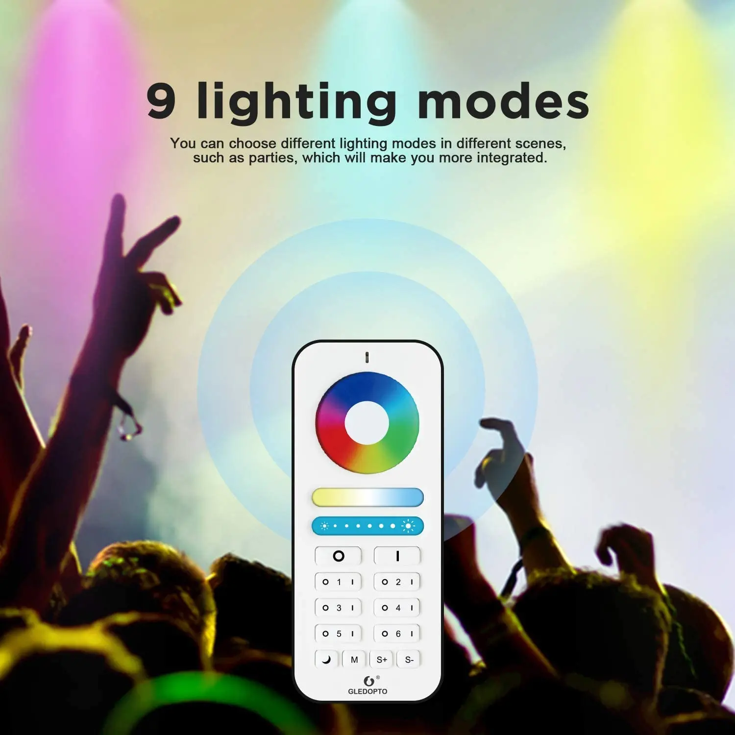 Description Picture 5 of itemGLEDOPTO Smart Home RGBCCT 2.4G RF Remote Control 9 Modes Changing Light Controller Compatible LED Bulb Spotlight 6 Zone RF