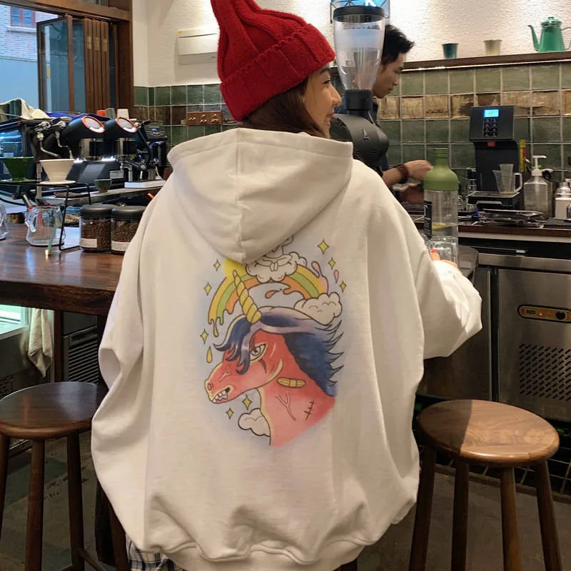 

2019 Harajuku Unicorn Cartoon Printed Letter Print Hooded Oversized Loose Long Sleeve White Ulzzang Hoodie Streetwear Females