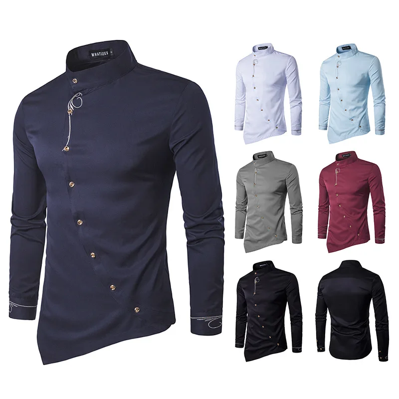 2021 New Men Fashion Embroidery Long Sleeved Shirt plus size Solid Slim Fit Business Shirts Casual Irregular Dress Camisas | Мужская