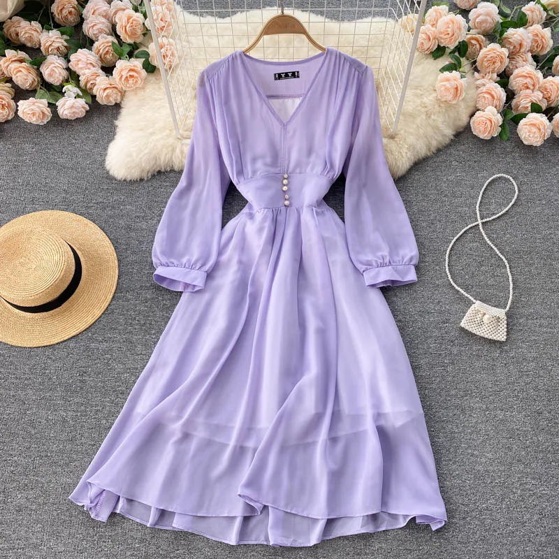

Autumn Vintage V-Neck Chiffon Dress Women Elegant Puff Long Sleeve High Waist Purple/Green/White Robe Female Casual Vestidos New